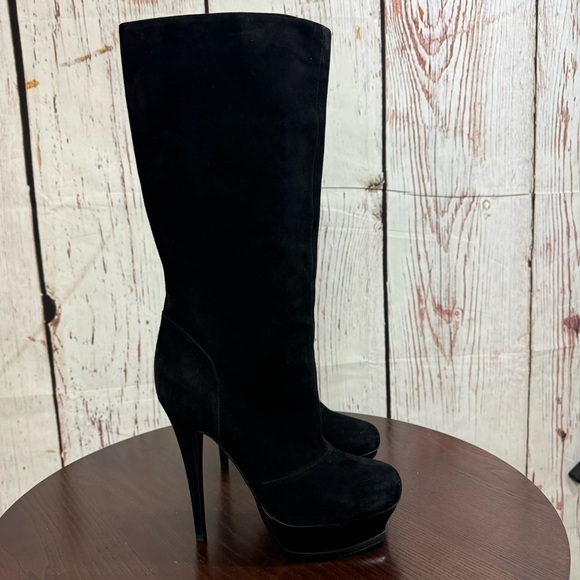 YSL YVES SAINT LAURENT nubuck suede knee high platforms boots in 37.5 EUC - Picture 1 of 13